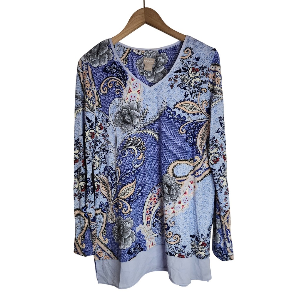 Chico's Tunic Top Women's‎ 1 (Medium) Floral V-Neck Blue